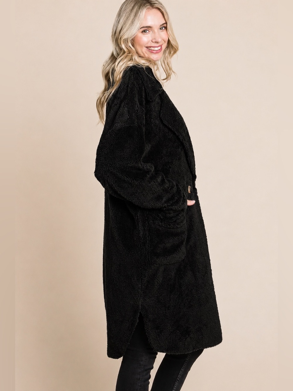 Cozy Black Teddy Coat with Shawl Collar - Oversized Women's Jacket - Picture 2 of 3